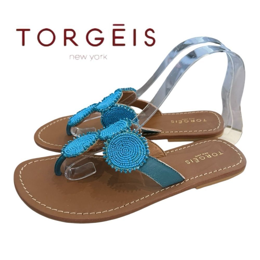 Torgeis New York Women's Beaded Leather Blue Slide Thong Sandals 7